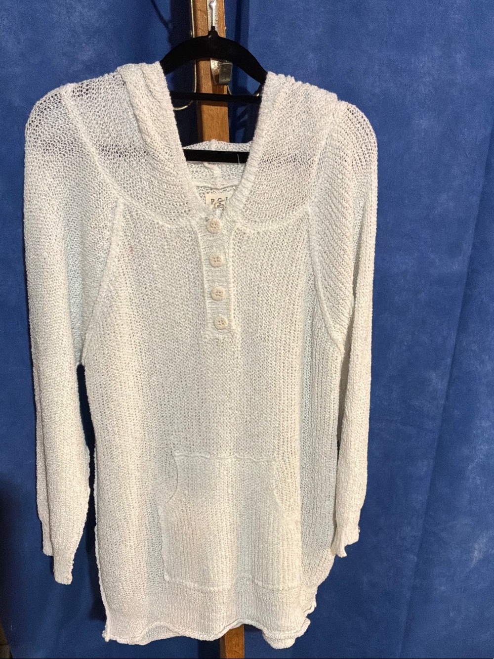 POL Cream Hooded Button-Placket Tunic Sweater